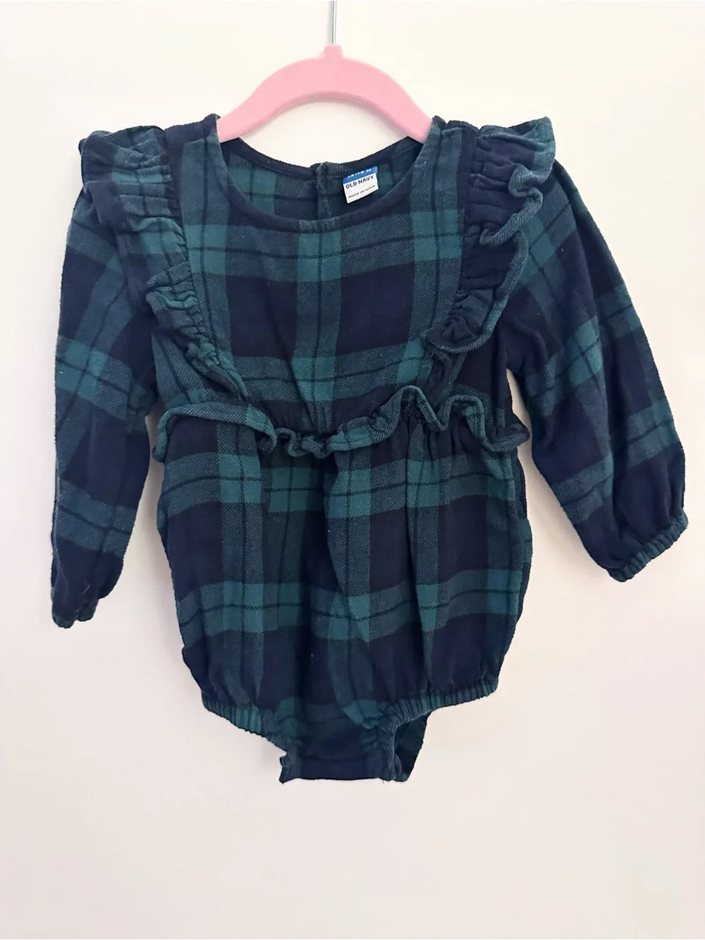 Old Navy Baby Girl Green & Dark Navy Plaid Ruffle-Trim Romper Size 12-18 Months